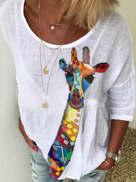 White Crew Neck Floral-Print Long Sleeve Top